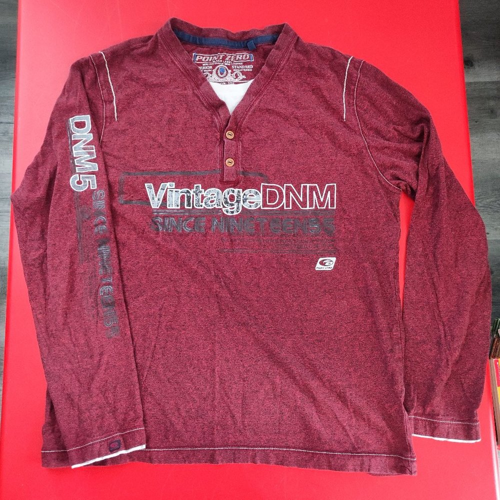 Point Zero Vintage DNM 1/4 button up polo shirt burgundy graphic design men's M